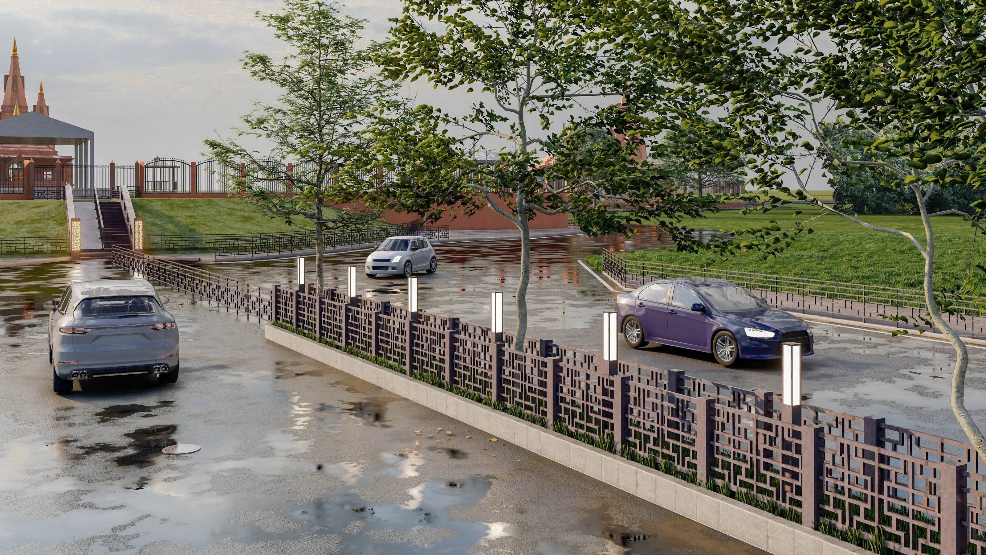 Render of the parking-area railing at night, its laser-cut pattern lit from within by bollard lamps