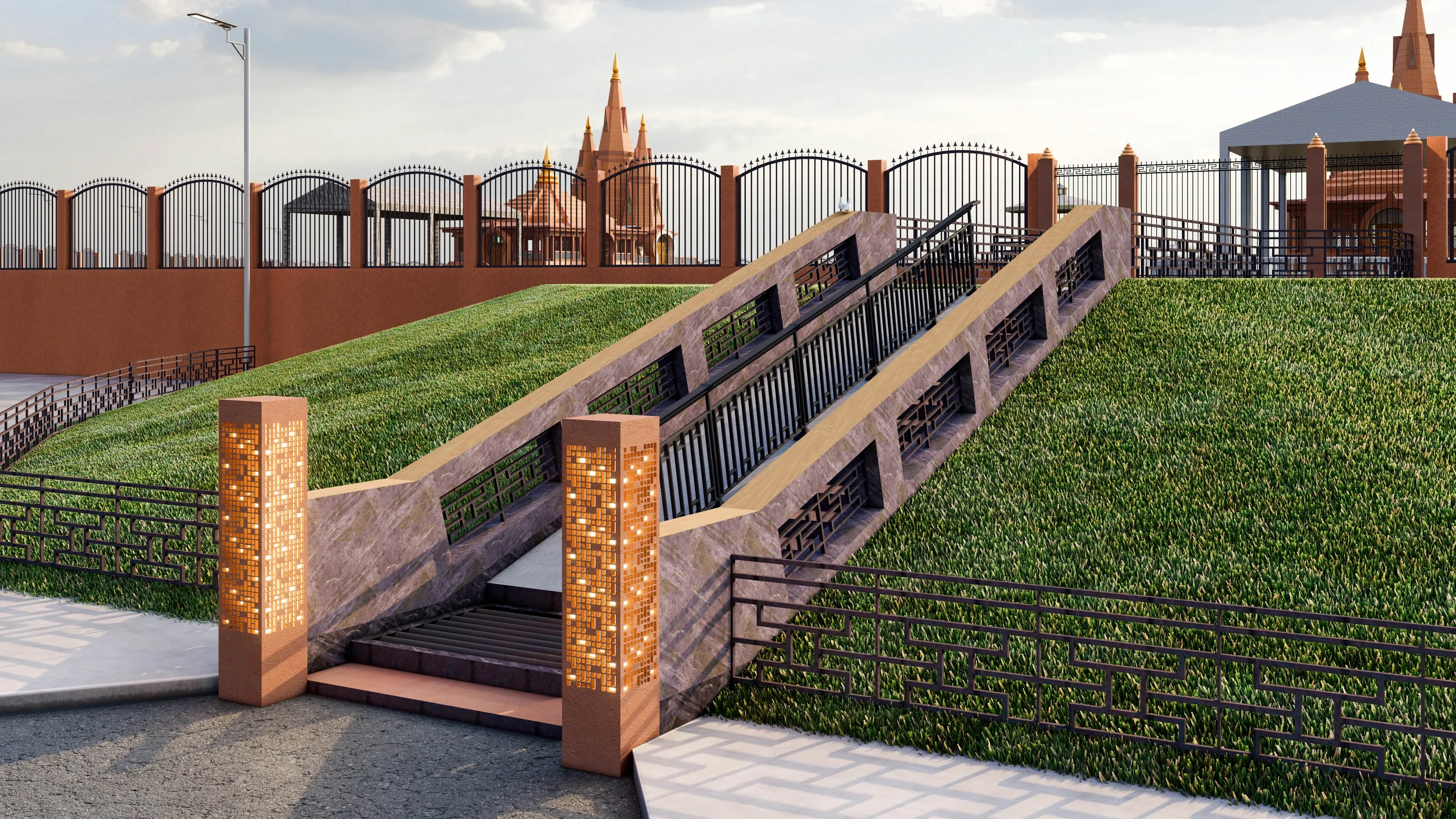 Render of the stepped and ramped entrance down to Sivadol, flanked by perforated corten-steel lamp pillars