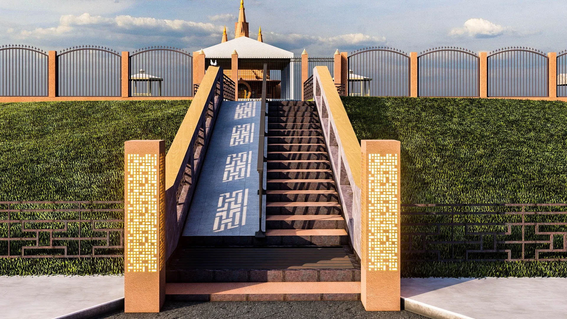 Render of the same staircase at dusk, looking up toward the temple gopuram through the lit lamp pillars