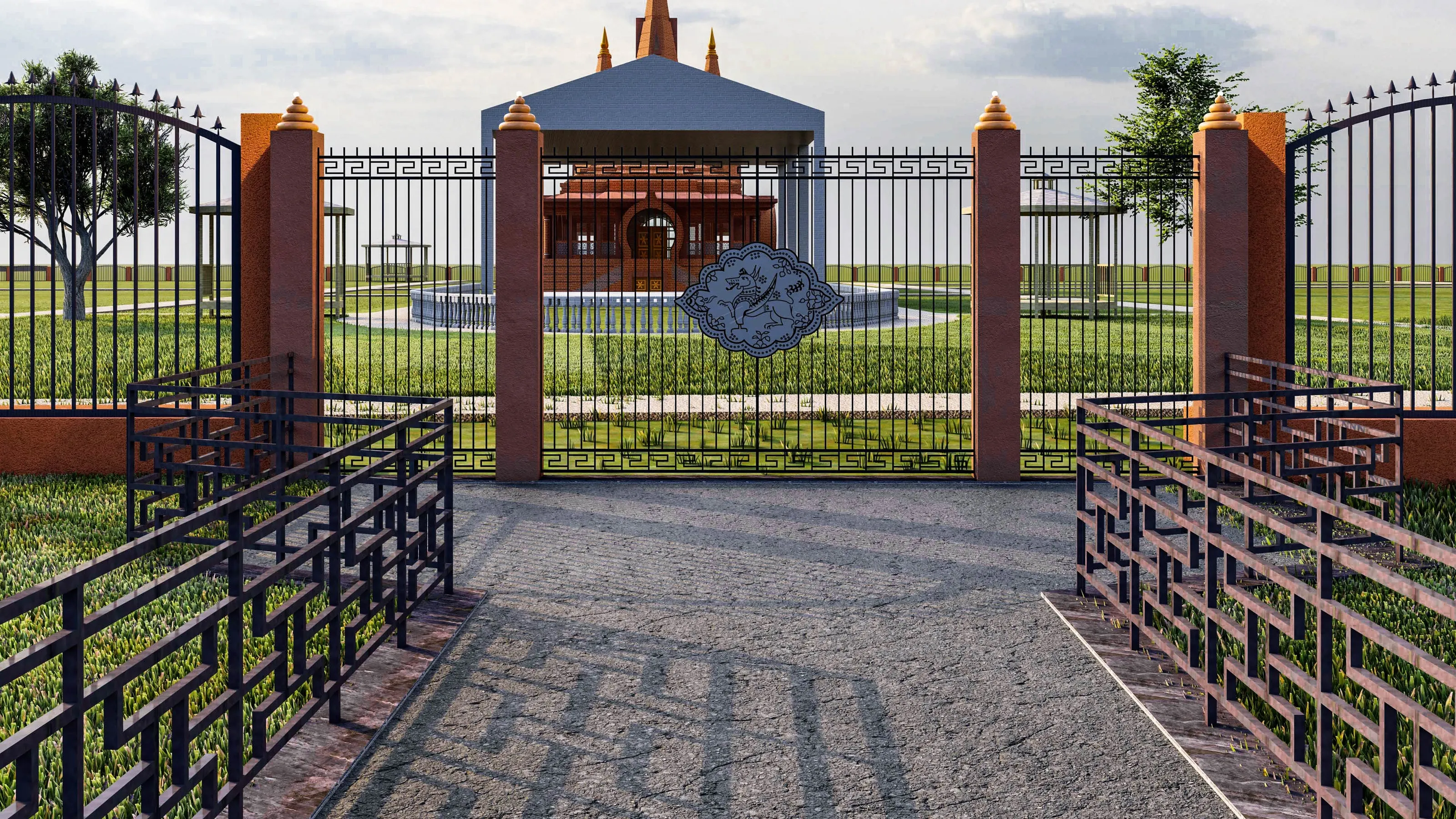 Render of the main entrance gateway to Sivadol, with the Ahom dragon emblem worked into the ironwork gate