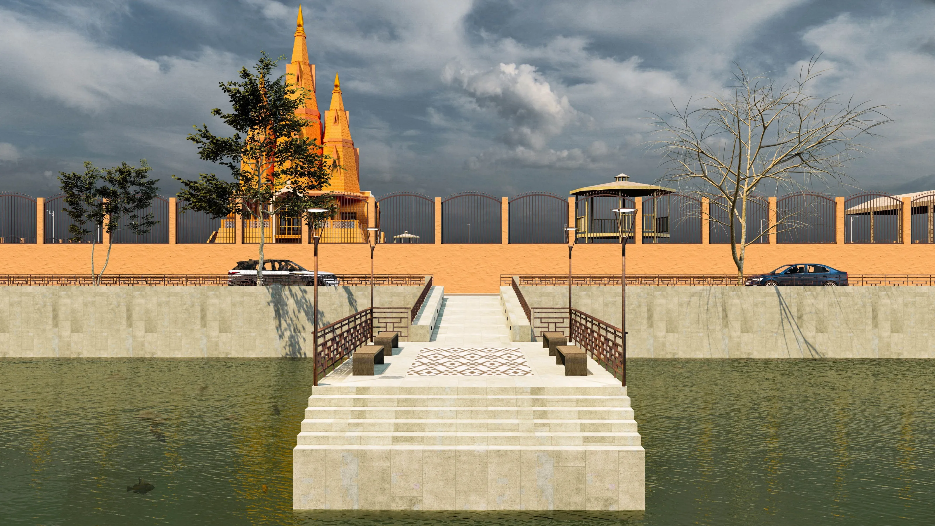 Render of the Sivasagar Lake waterfront deck at dusk, steps leading down to the water