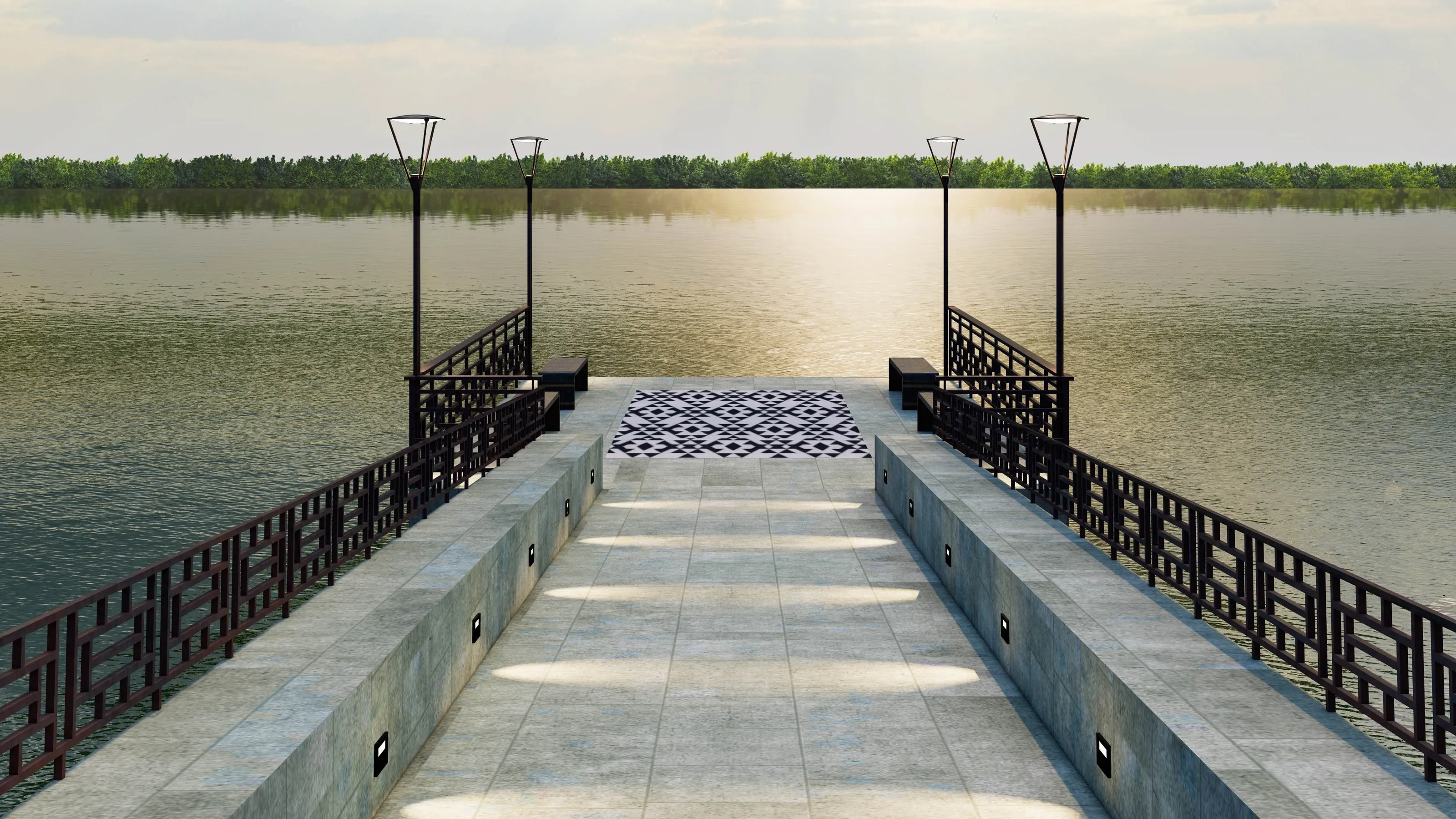 Render of the waterfront deck's patterned stone inlay and benches, facing the lake at sunset