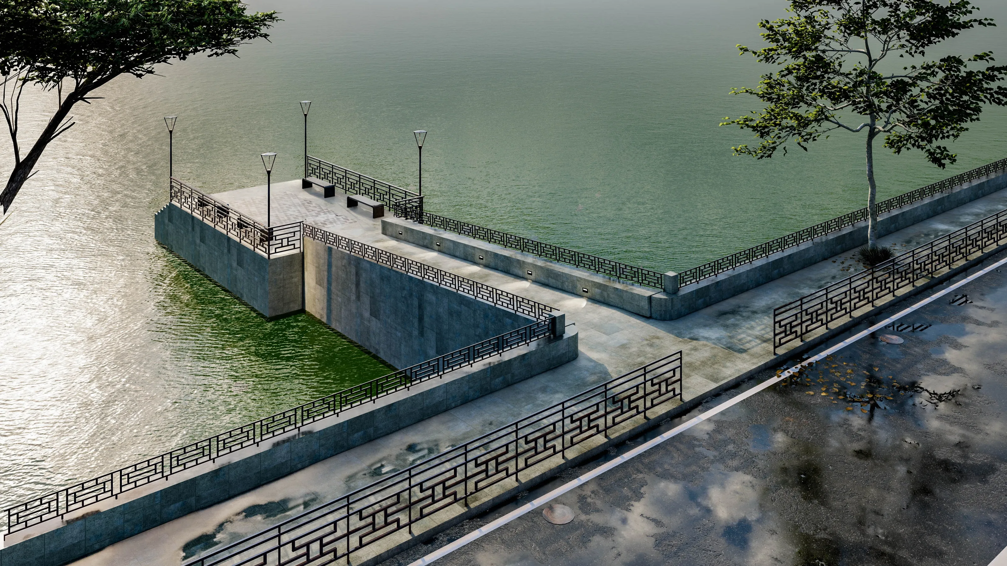 Aerial render of the waterfront deck's corner, the patterned railing wrapping the promontory